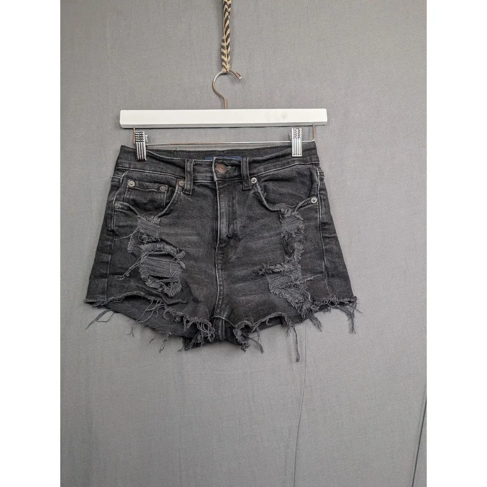Aeropostale Denim Mom Shorts Women 0 Black Distressed Casual Stretch Cutoffs Raw